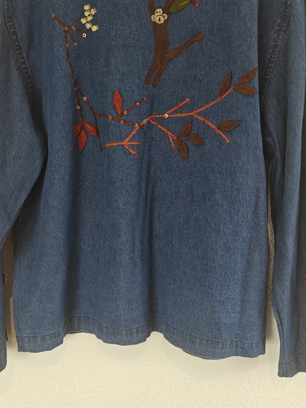 VTG 90s Tantrums Monkey Embroidered Denim Button Up Beaded Sequin Tree Cotton M - Picture 12 of 14